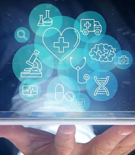 View of a Businessman holding Medical icon and connection 3d rendering